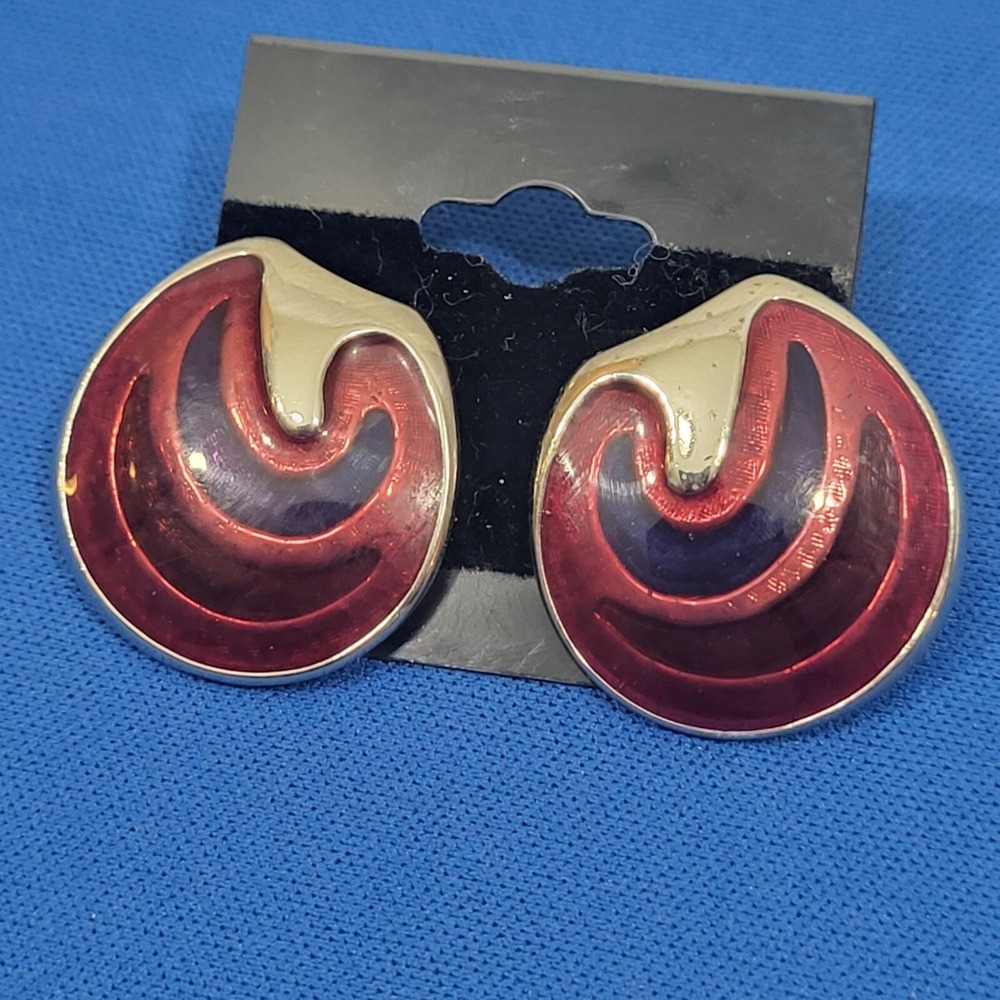 Vintage 80s Earrings Statement Art-Deco Red & Silver Tone Enamel Post Earrings